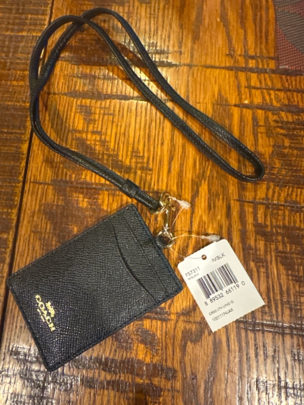 Coach Black Leather Lanyard Card Holder with Gold Hardware